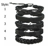 Black Leather Braided Unisex Bracelet Set